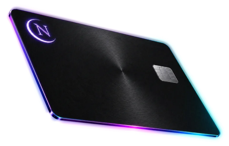 The Nocturne virtual card from a low angle — matte obsidian with an aurora-lit edge.