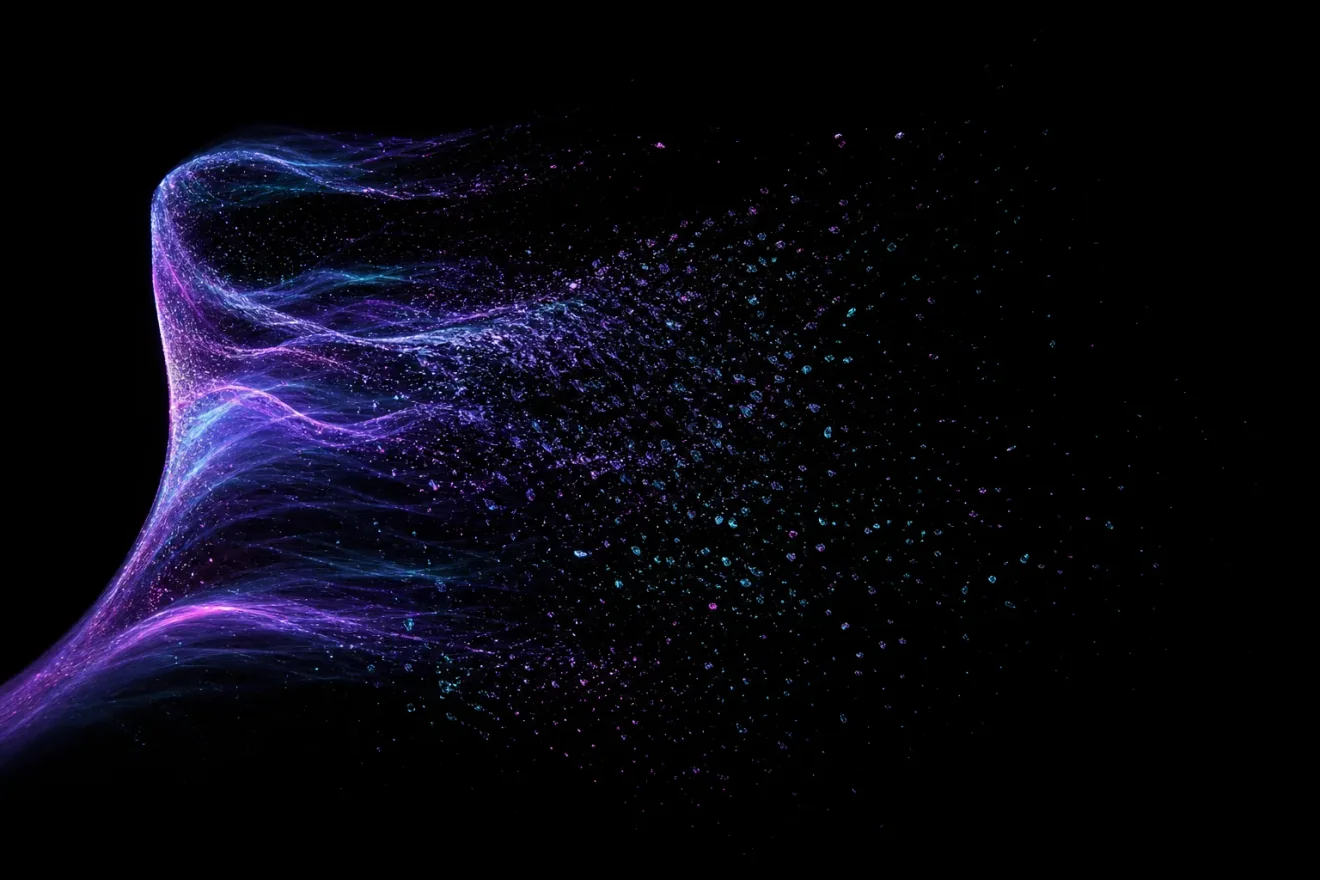 An identity dissolving into aurora-coloured particles and scattering into the void.